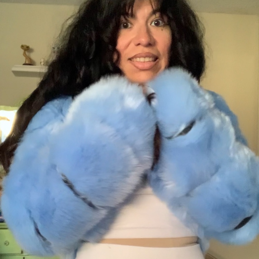 Sky Blue Puffer Crop Faux Fur Coat